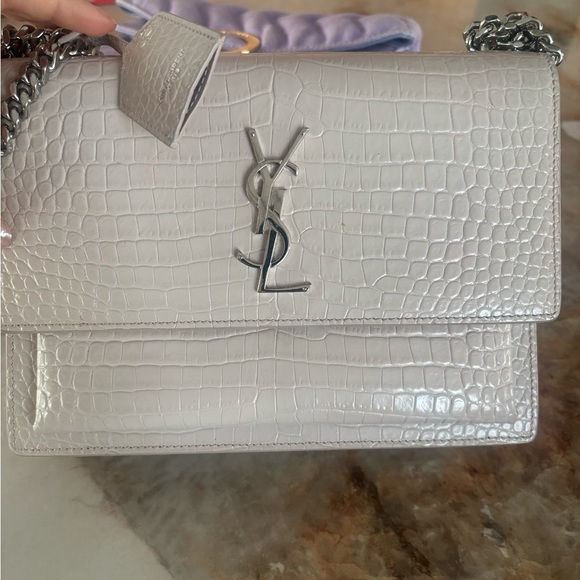 Saint Laurent Silver Croc-Embossed Shoulder Bag - Picture 1 of 6